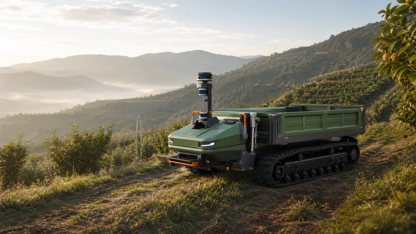 OEM tracked agricultural carrier concept in a mountain orchard